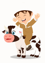 Fototapeta premium Cute Cartoon Illustration of a Boy and a Cow for Bakra Eid.