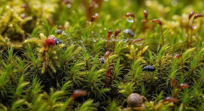 Close-up of a Lush Moss Garden with Tiny Insects and Snails in Natural Environment