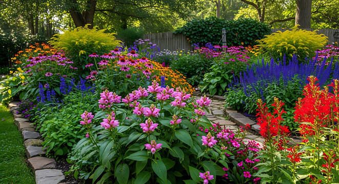 Vibrant outdoor garden landscape featuring a lush botanical arrangement of pink turtlehead flowers and various colorful perennial plants in a summer backyard meadow setting during daylight.