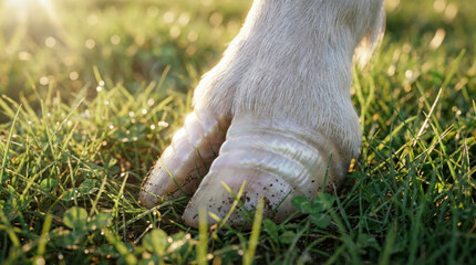 Obraz premium Unicorn hoof detail sunlight morning meadow grass fantasy calm gentle unicorn hoof detail sunlight over fresh meadow grass fantasy calm mood