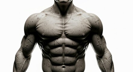 Fototapeta premium Hyper Realistic Muscular Male Torso Sculpture Monochromatic Gray Detailed Abs Chest Arms Texture Artwork