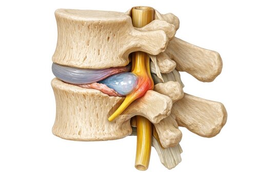 Lumbar disc herniation spine cross section anatomy illustrating nucleus pulposus extrusion compressing spinal nerve root representing back pain pathology in orthopedic medicine
