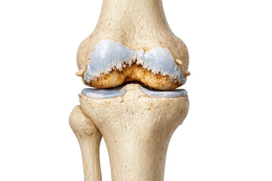 Knee osteoarthritis joint cartilage erosion medical 3D illustration showing severe bone degradation and osteophytes formation for orthopedic surgery healthcare science education