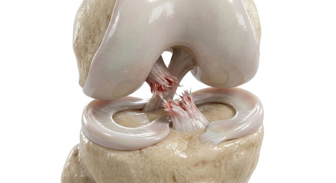 Anterior cruciate ligament tear knee joint anatomy illustration depicting completely ruptured fibrous tissue representing severe orthopedic sports injury and surgical pathology