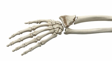 Colles fracture wrist hand bones anatomy rendering showing distal radius bone break and displacement representing orthopedic trauma injury pathology within clinical medical science