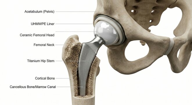 Total hip replacement joint prosthesis biomechanical surgery visualization displaying titanium implant inside femur bone and pelvis acetabulum for orthopedic healthcare education