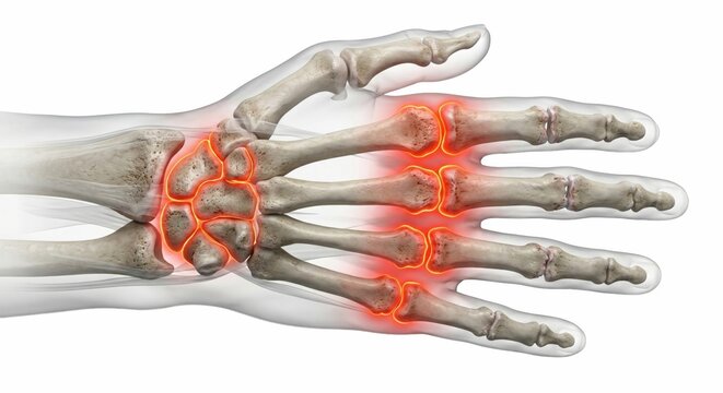 Rheumatoid arthritis hand bones anatomical visualization exhibiting joint inflammation swelling ulnar deviation and tissue erosion representing chronic autoimmune orthopedic disease