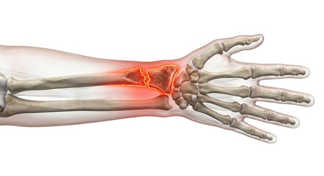 Colles fracture wrist hand bones anatomy rendering showing distal radius bone break and displacement representing orthopedic trauma injury pathology within clinical medical science