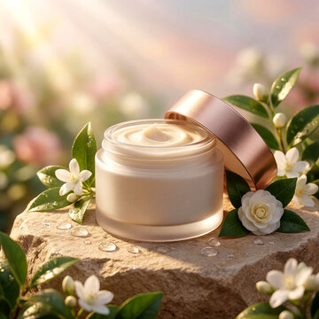 Luxurious Skincare Cream Jar on Natural Rock Amidst Fresh White Flowers and Green Leaves with Water Droplets
