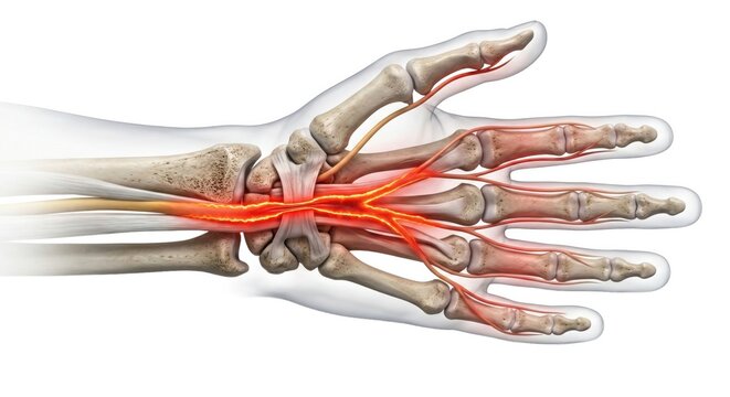 Carpal tunnel syndrome wrist hand anatomy visualization exhibiting median nerve compression under transverse ligament representing orthopedic neuropathy disease in healthcare