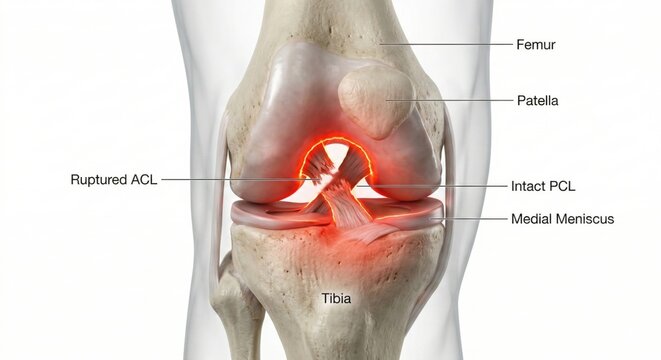 Anterior cruciate ligament tear knee joint anatomy illustration depicting completely ruptured fibrous tissue representing severe orthopedic sports injury and surgical pathology