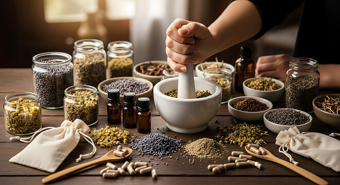 Natural botanical sleep remedy preparation featuring medicinal organic herbs and aromatic essential oil drops being ground with a stone marble mortar and pestle for holistic wellness therapy