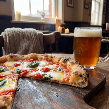 Steaming Wood-Fired Margherita Pizza with Fresh Basil and a Golden Pint of Beer in a Cozy Pub Setting