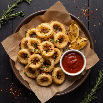A Rustic Presentation of Golden Crispy Fried Calamari Rings Served with Zesty Grilled Lemon and Spicy Dipping Sauce