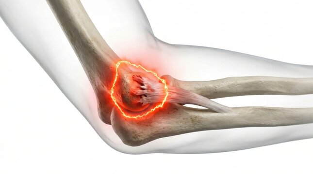 Tennis elbow lateral epicondylitis arm anatomy rendering displaying extensor tendon micro tears and tissue degeneration representing painful orthopedic sports injury medical pathology