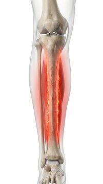 Shin splints medial tibial stress syndrome leg anatomy rendering exhibiting diffuse tibial bone cover inflammation representing chronic orthopedic running injury condition in clinical science