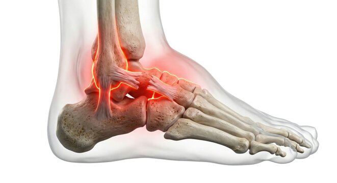 Ankle sprain severe ligament injury anatomy render showing completely ruptured Anterior Talofibular Ligament tissue representing painful orthopedic trauma pathology within clinical medicine