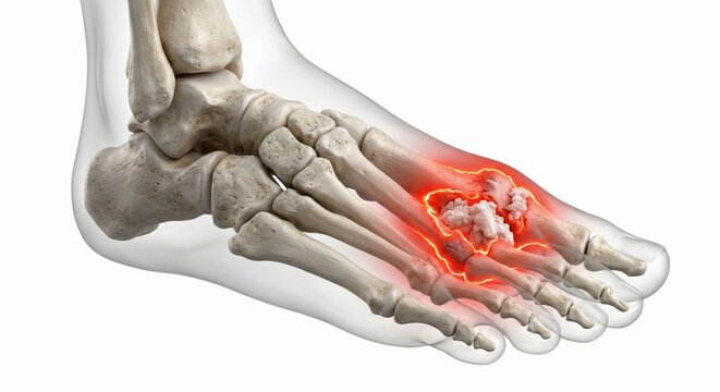 Gout big toe foot joint anatomy rendering showing tophi urate crystal deposits and bone erosion representing painful metabolic orthopedic arthritis pathology in clinical medicine