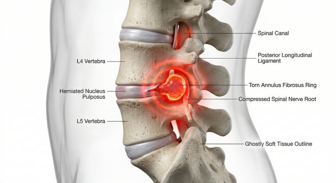 Lumbar disc herniation spine cross section anatomy illustrating nucleus pulposus extrusion compressing spinal nerve root representing back pain pathology in orthopedic medicine