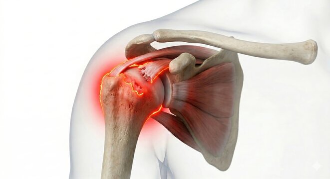 Rotator cuff tear shoulder joint anatomy illustration showing supraspinatus tendon complete rupture representing painful orthopedic sports injury pathology within medical science