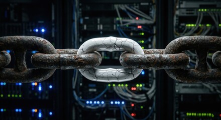 Naklejka premium Weakest link in cybersecurity chain metaphor with single fragile porcelain link among heavy iron links. Concept represents human factor vulnerability supply chain risk or security breach.