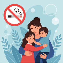 Obraz premium Mother hugging children with no smoking sign.