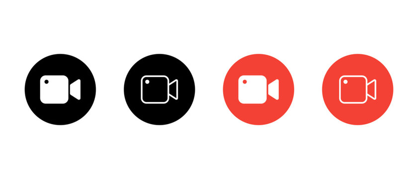 Video camera icon in black and red circle. Media recording symbol