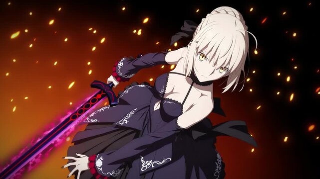 Anime style female warrior holding a glowing magical sword, fiery background with flying sparks and dramatic lighting, dynamic fantasy animation scene.