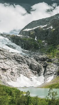 Jostedalsbreen National Park, Sogn Og Fjordane County, Norway. Boyabreen Glacier Landscape In Spring Sunny Day. Famous Norwegian Landmark And Popular Destination. Zoom Out