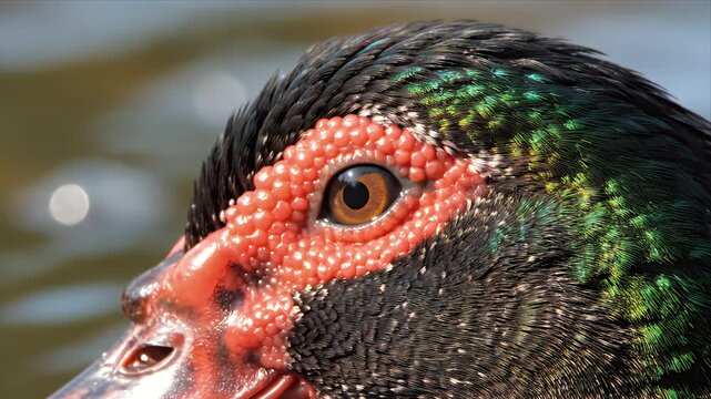 Close up profile of a Muscovy duck's head showing intricate feather details and bright red caruncles around its eye