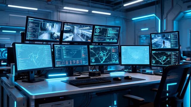 Control room with multiple monitors