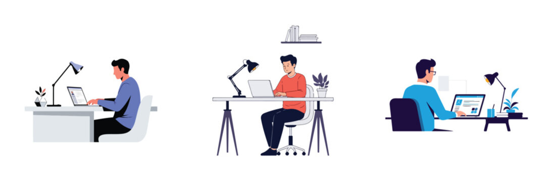 A young man working on his laptop at a contemporary desk setup, flat vector illustration, simple minimalist style, white background.
