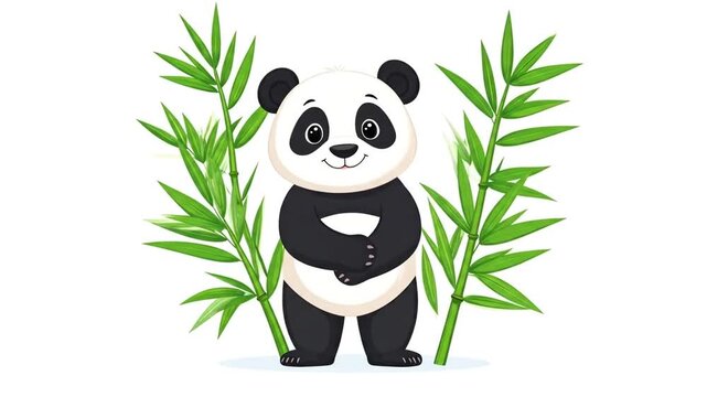 Cartoon Panda Bear with Bamboo Plants.