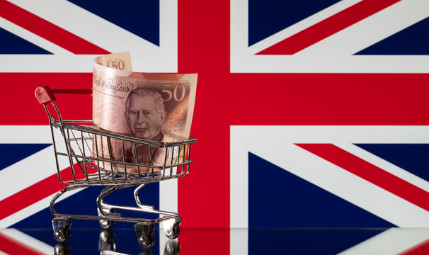 A 50 British pound note with the Union Jack in the background