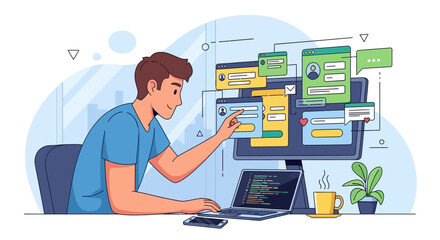 Fototapeta premium Young man coding and designing user interface on computer screen, web development concept