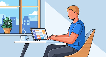 Fototapeta premium Young Man Working Remotely on Laptop at Home Office Desk with City View