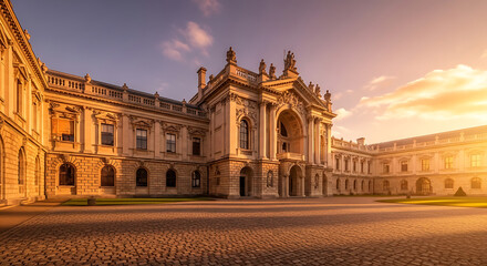 Obraz premium Stunning architectural facade illuminated by radiant golden hour sunshine casting dramatic long shadow across the building structure creating an atmosphere of serene wonder and peaceful calm