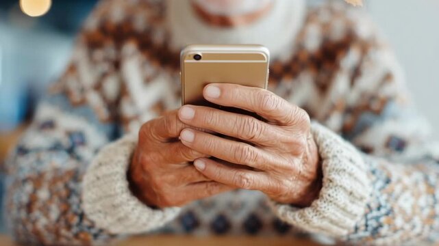 Close-up of hands holding smartphone. Wearing cozy, patterned sweater. Fingers tap screen with gentle focus. Smiling face shows warm, contented expression. Ideal for themes of comfort, connection