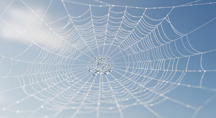 Dewy spider web against clear blue sky with morning sunlight