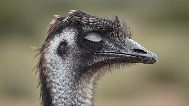 Close up profile of an emu head with dark feathers and brown eye in natural outdoor lighting with a blurred earthy
