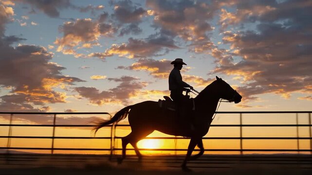 A cowboy riding a horse at sunset with a beautiful sky