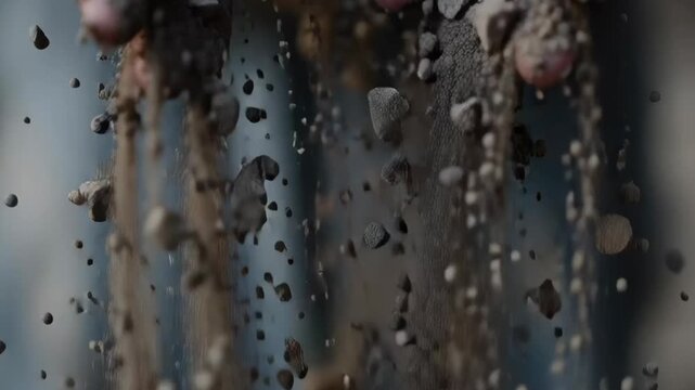 Hands cradle earth, rich with texture and grit. Fingers show wear, soil clinging to skin and nails. Particles tumble downward, blurred by motion. Nature's rawness feels tangible, grounded, real