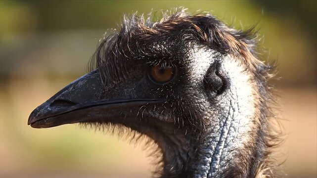 Close-up side profile of an adult emu bird with dark brown feathers and orange eye against a blurred natural background