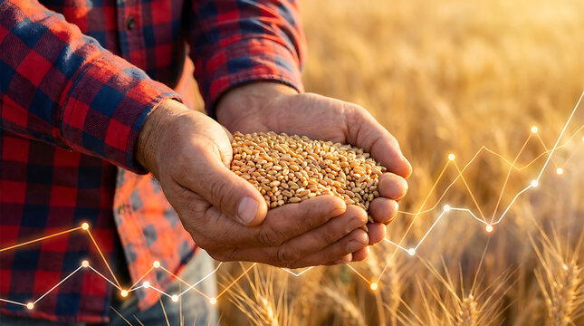 Farmer holding wheat grains with rising market graph in background