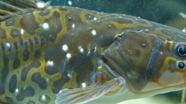 Close up underwater shot of a spotted armored catfish with intricate scale patterns and bubbles in soft lighting