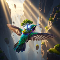 Fototapeta premium Majestic fantasy hummingbird carrying a glowing tree, flying through an epic canyon with sunbeams.