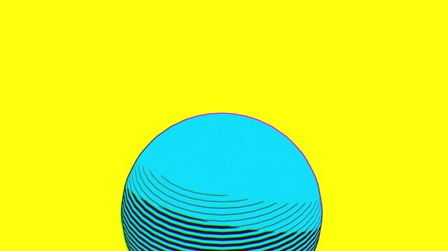 Lower third view of a cyan sphere with a halftone texture rising from the bottom edge against a bright yellow background for a modern graphic layout and minimalist copy space