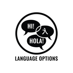 A black and white circular graphic displays three speech bubbles containing greetings in english spanish and chinese high quality professional detailed modern elegant stylish clean crisp © Mun taha Design