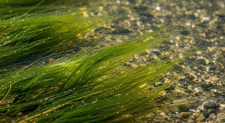 Close-Up of Green Seaweed Floating on Water Surface in Natural Environment