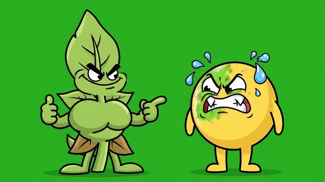 Cartoon animation of tree character accusing yellow emoji with sickness on green screen background for educational or health concept